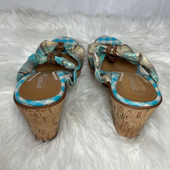 Sperry Topsider Shoreham Plaid T Strap Cork Wedge Sandals Sz 7.5 - Picture 4 of 8